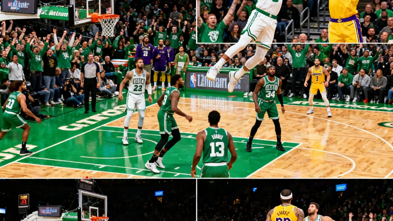 NBA常规赛湖人vs凯尔特人全场集锦5分钟，包含关键球和扣篮